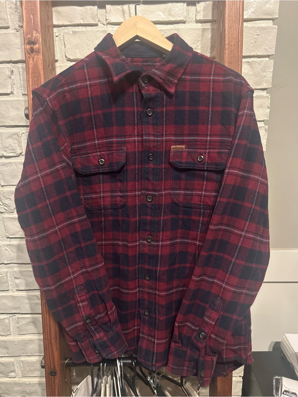 Orvis Heavyweight Flannel Shirt Men S Red Navy Blue Plaid Cotton Shacket Pockets
